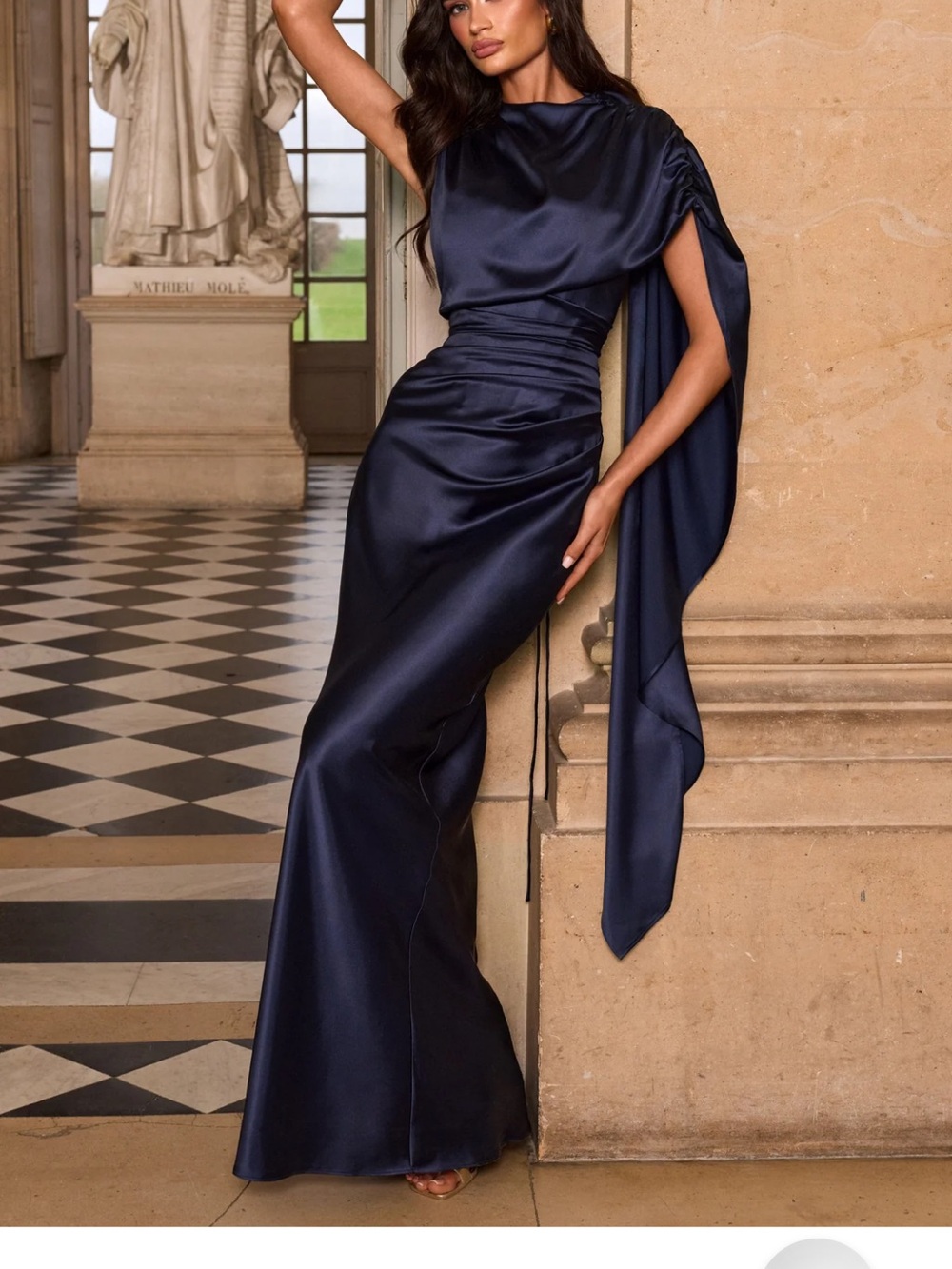 Babyboo Elegant Navy Satin One-Shoulder Evening Gown